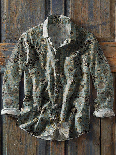 Men's Retro Ethnic Print Casual Lapel Long Sleeve Shirt
