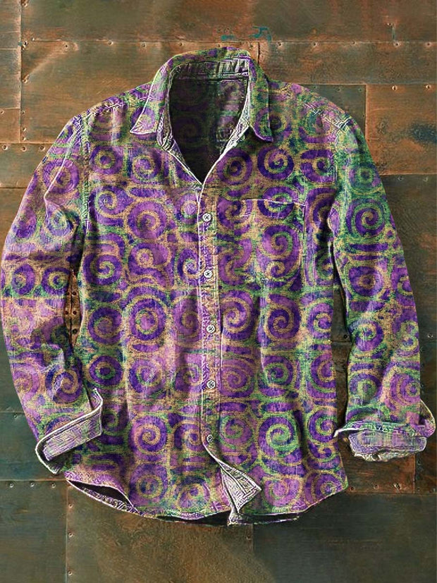 Men's Vintage Ethnic Swirl Circle Print Casual Lapel Long Sleeve Shirt