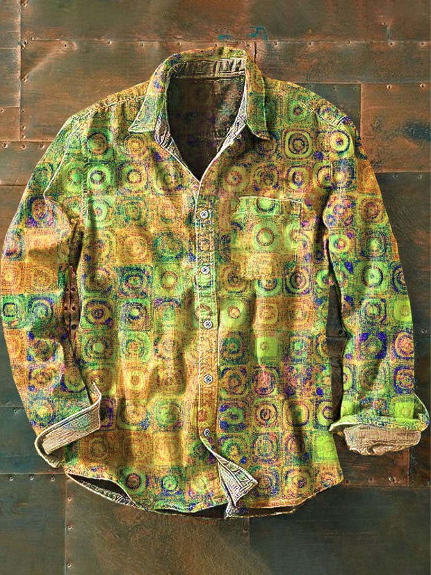 Men's Vintage Ethnic Swirl Circle Print Casual Lapel Long Sleeve Shirt