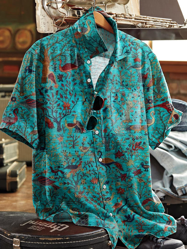 Men's Vintage Flora and Fauna Floral Art Print Lapel Short Sleeve Pocket Shirt