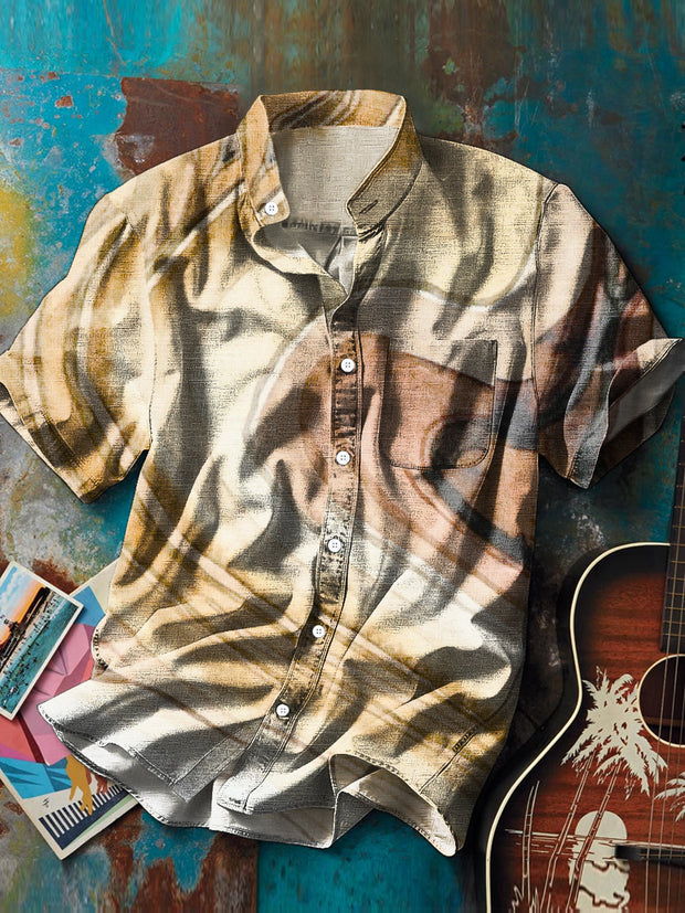 Men's Vintage Abstract Textured Art Print Stand Collar Short Sleeve Pocket Shirt