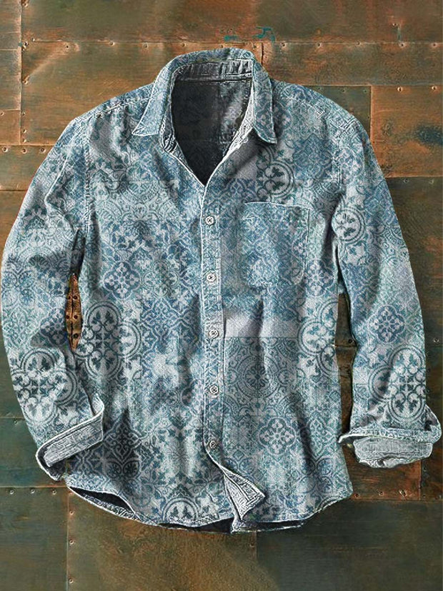 Men's Vintage Western Style Printed Casual Lapel Long Sleeve Shirt