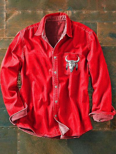 Men's Western Beef Bone Print Casual Lapel Long Sleeve Shirt