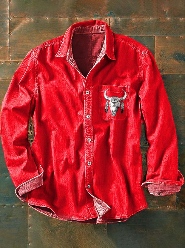 Men's Western Beef Bone Print Casual Lapel Long Sleeve Shirt