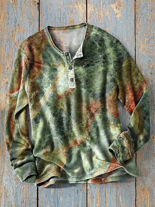Men's Vintage Abstract Marble Textured Pattern Stand Collar Pocket Shirt