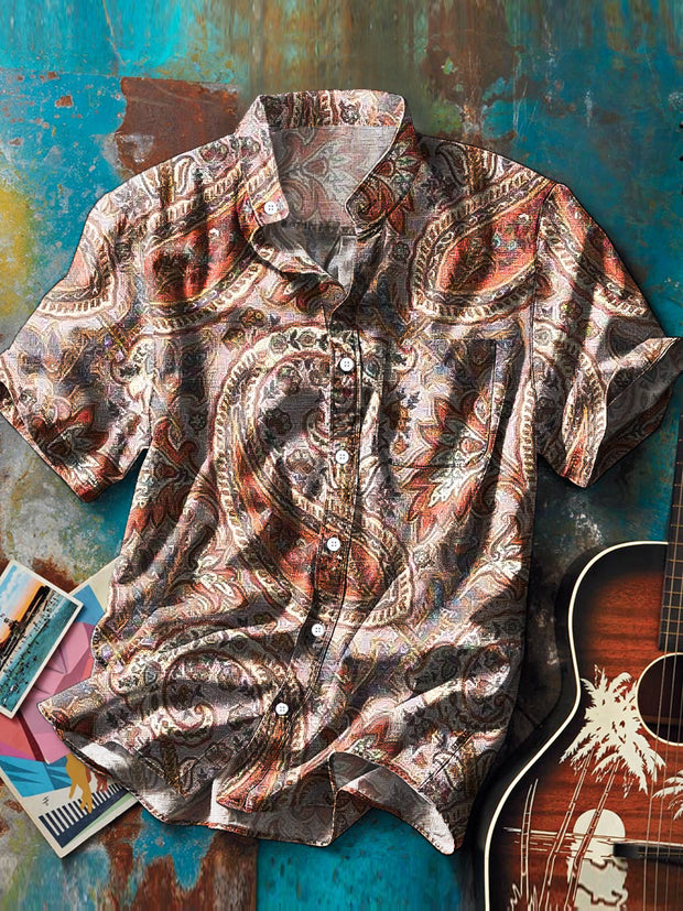 Men's Vintage Paisley Floral Print Stand Collar Pocket Shirt