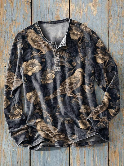 Men's Vintage Crow Floral Art Print Long Sleeve Henley Shirt