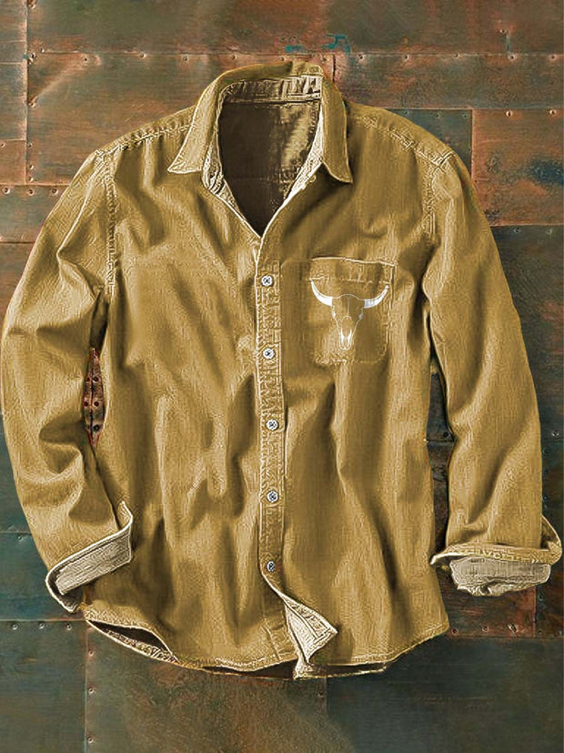 Men's Western Beef Bone Print Casual Lapel Long Sleeve Shirt