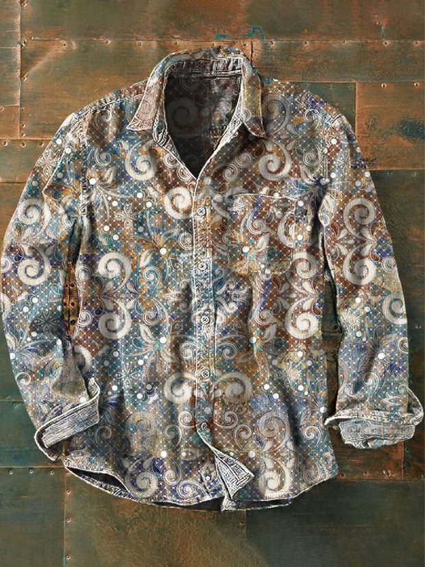 Men's Retro Floral Print Casual Lapel Long Sleeve Shirt