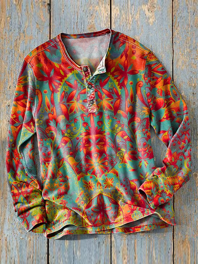 Men's Vintage Ethnic Symmetrical Floral Art Print Long Sleeve Henley Shirt