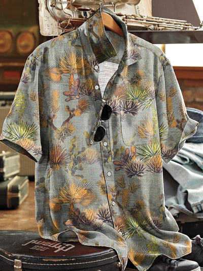 Men's Vintage Abstract Botanical Art Print Short Sleeve Pocket Shirt