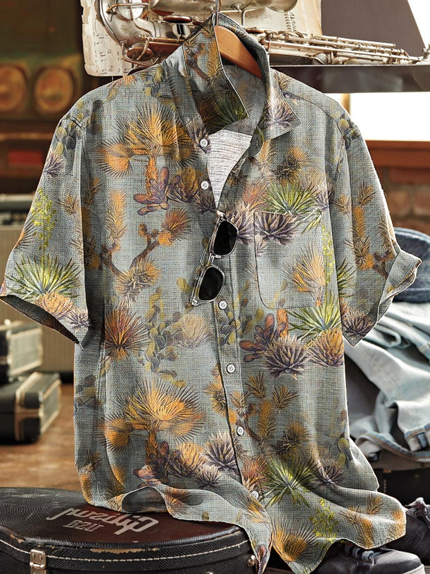 Men's Vintage Abstract Botanical Art Print Short Sleeve Pocket Shirt