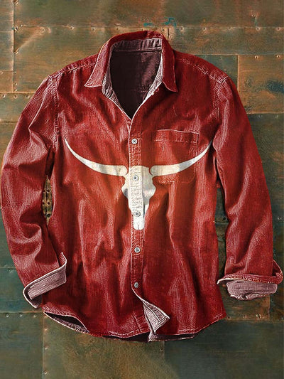 Men's Western Beef Bone Print Casual Lapel Long Sleeve Shirt