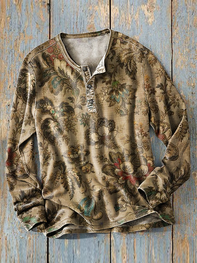 Men's Vintage Floral Art Print Long Sleeve Henley Shirt