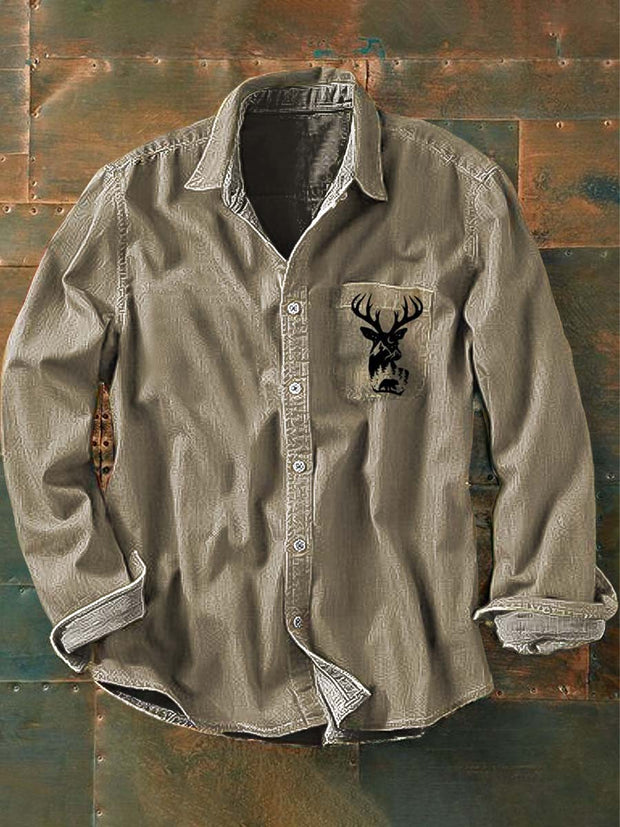 Men's Western Antler Print Casual Lapel Long Sleeve Shirt