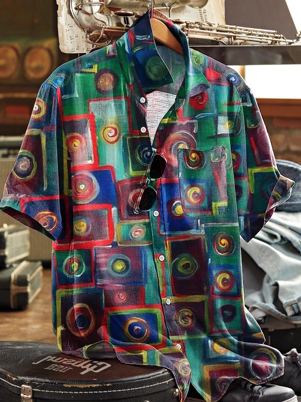 Men's Vintage Abstract Geometric Art Print Short Sleeve Pocket Shirt