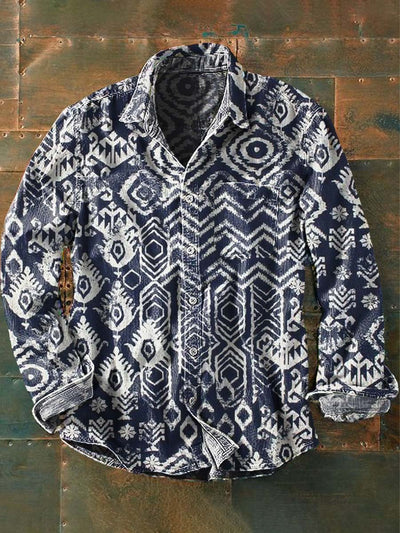Men's Vintage Western Style Printed Casual Lapel Long Sleeve Shirt
