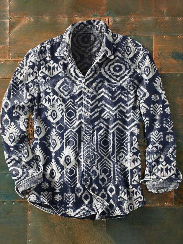 Men's Vintage Western Style Printed Casual Lapel Long Sleeve Shirt