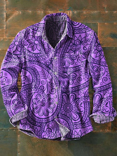 Men's Vintage Cashew Flower Floral Print Casual Lapel Long Sleeve Shirt