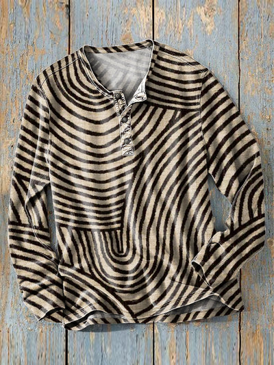 Men's Vintage Irregular Line Art Print Long Sleeve Henley Shirt