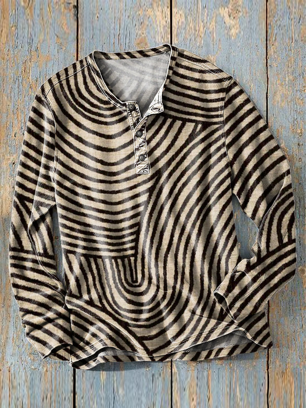 Men's Vintage Irregular Line Art Print Long Sleeve Henley Shirt