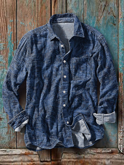 Men's Vintage Abstract Line Pattern Cotton Linen Long Sleeve Pocket Shirt