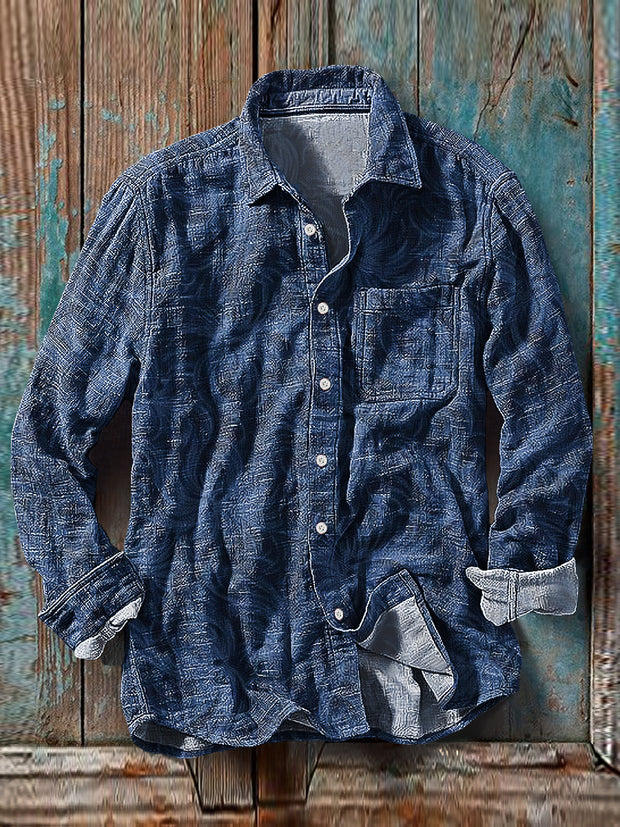 Men's Vintage Abstract Line Pattern Cotton Linen Long Sleeve Pocket Shirt