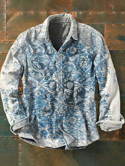 Men's Retro Ethnic Floral Print Casual Lapel Long Sleeve Shirt