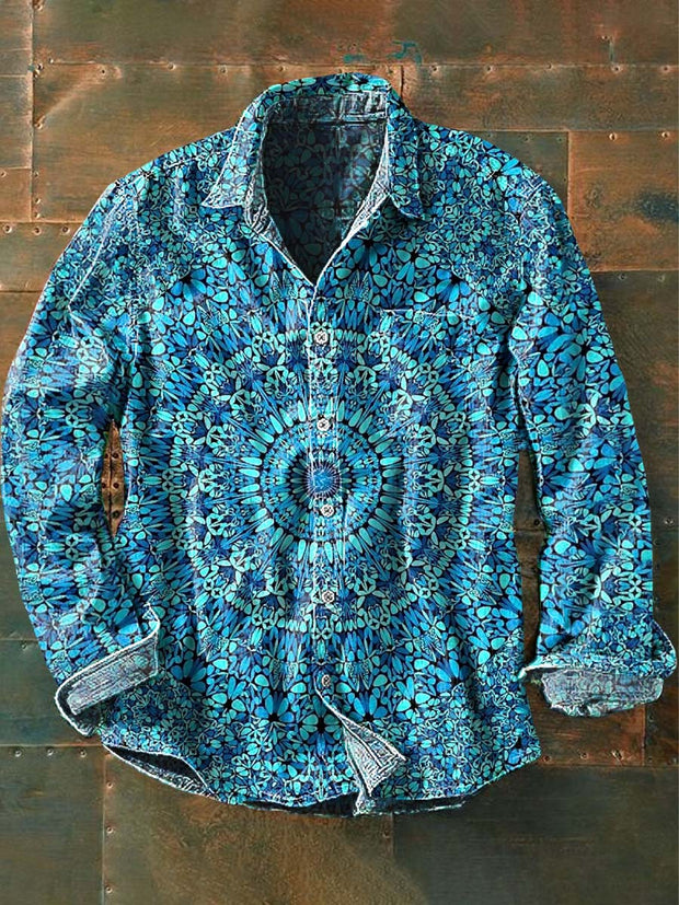 Men's Vintage Mandala Floral Print Casual Lapel Long Sleeve Shirt