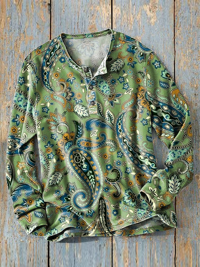 Men's Vintage Multicolor Paisley Floral Art Print Long Sleeve Henley Shirt