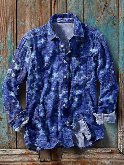 Men's Vintage Abstract Star Pattern Cotton Linen Long Sleeve Pocket Shirt