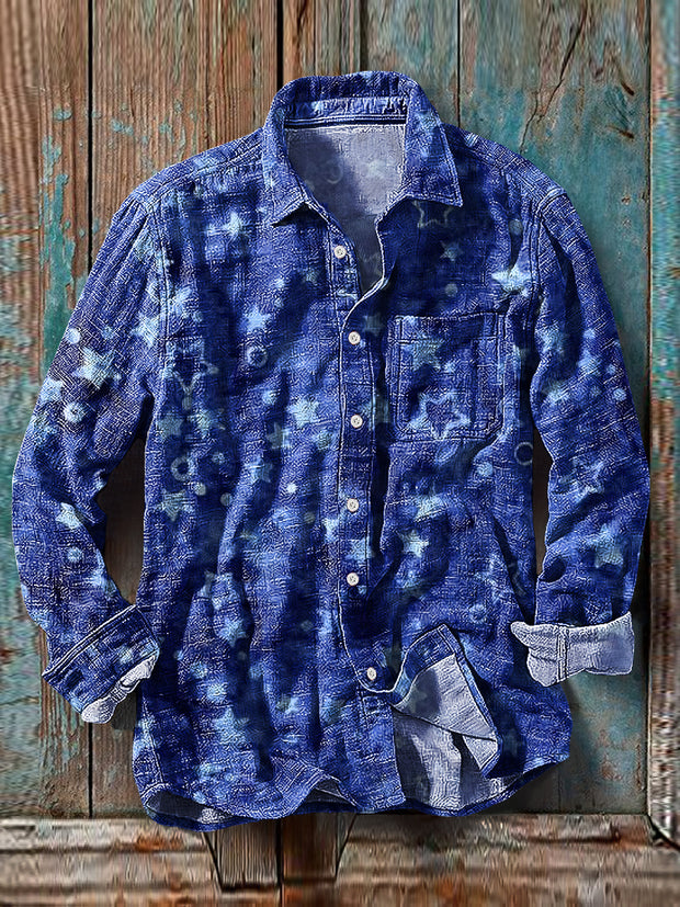 Men's Vintage Abstract Star Pattern Cotton Linen Long Sleeve Pocket Shirt