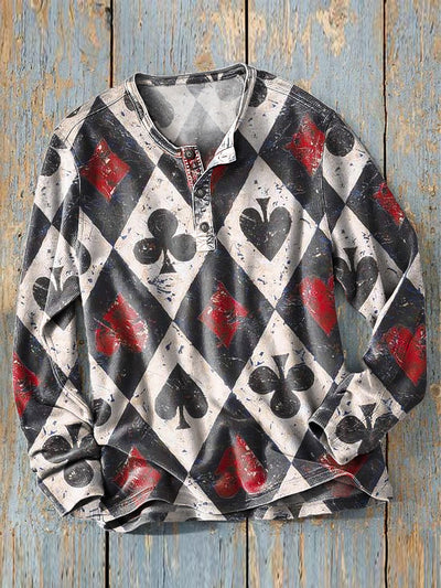 Men's Vintage Poker Floral Art Print Long Sleeve Henley Shirt