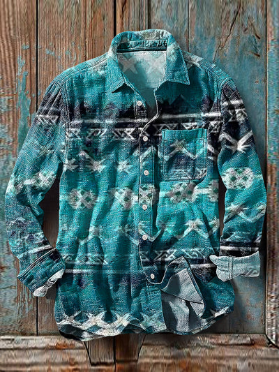 Men's Vintage Abstract Stripe Pattern Cotton Linen Long Sleeve Pocket Shirt