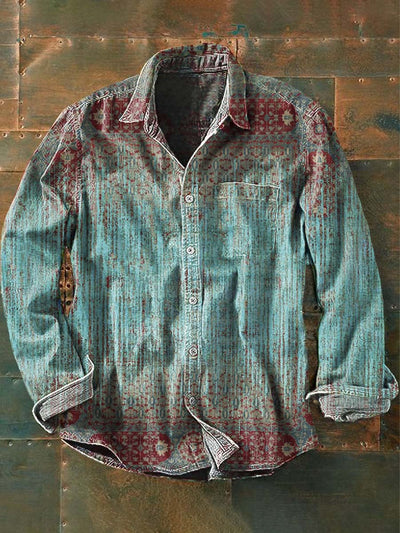 Men's Retro Ethnic Gradient Print Casual Lapel Long Sleeve Shirt