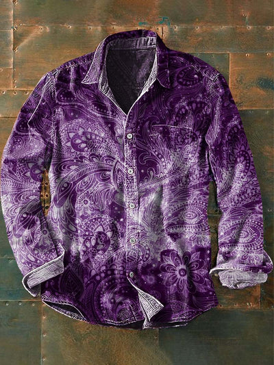 Men's Vintage Cashew Flower Floral Print Casual Lapel Long Sleeve Shirt