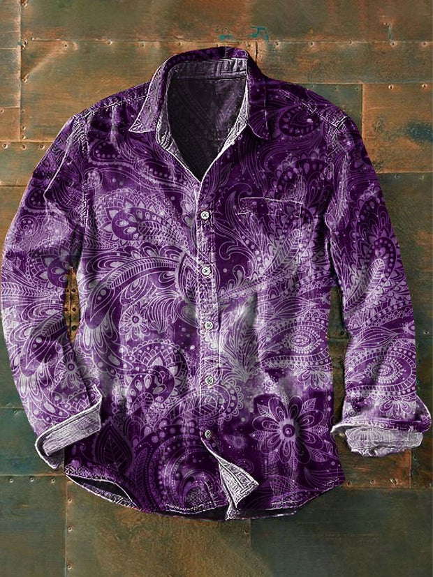 Men's Vintage Cashew Flower Floral Print Casual Lapel Long Sleeve Shirt