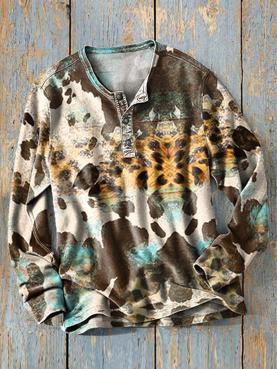 Men's Vintage Western Abstract Gradient Art Print Long Sleeve Henley Shirt