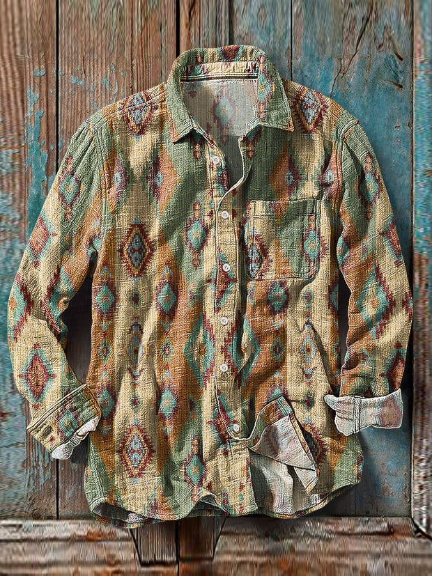 Men's Vintage Colorful Geometric Pattern Cotton Linen Long Sleeve Pocket Shirt