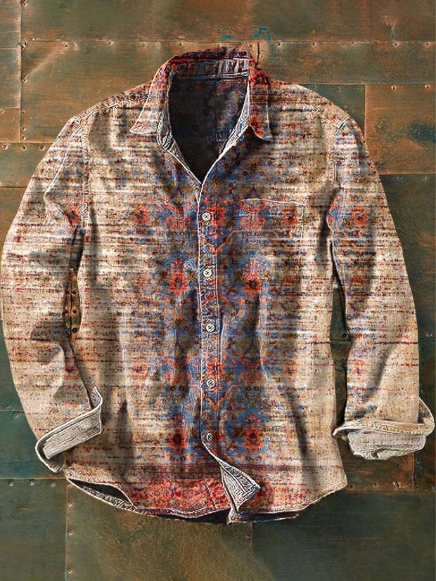 Men's Retro Ethnic Gradient Print Casual Lapel Long Sleeve Shirt