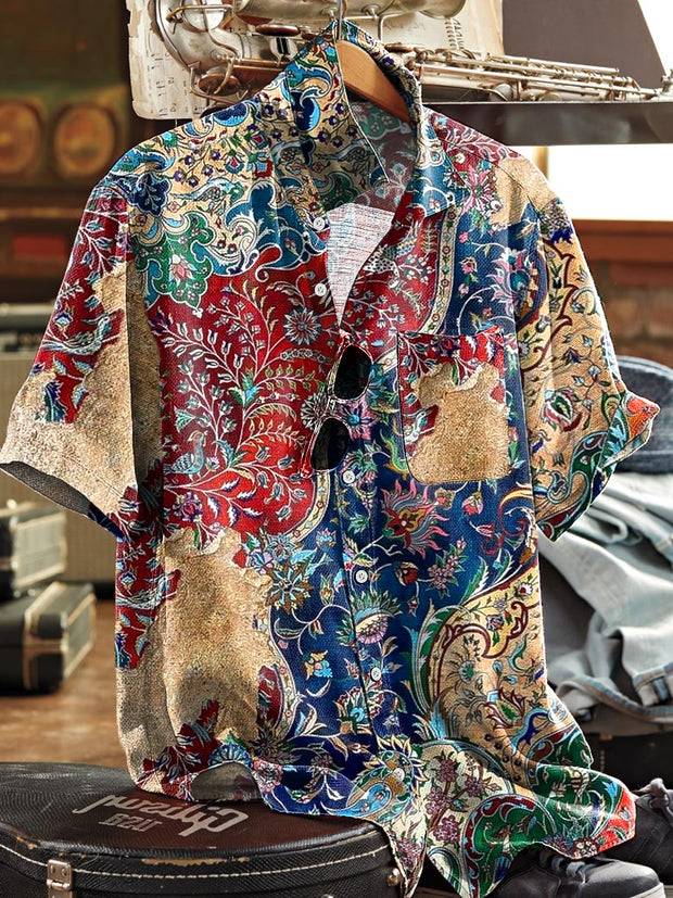 Men's Vintage Multicolor Ethnic Floral Art Print Short Sleeve Pocket Shirt