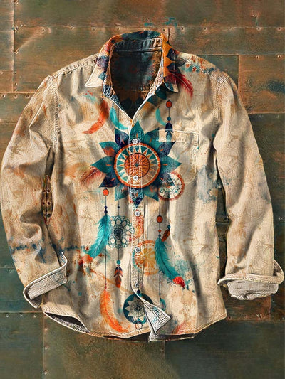 Men's Vintage Ethnic Dreamcatcher Print Casual Lapel Long Sleeve Shirt