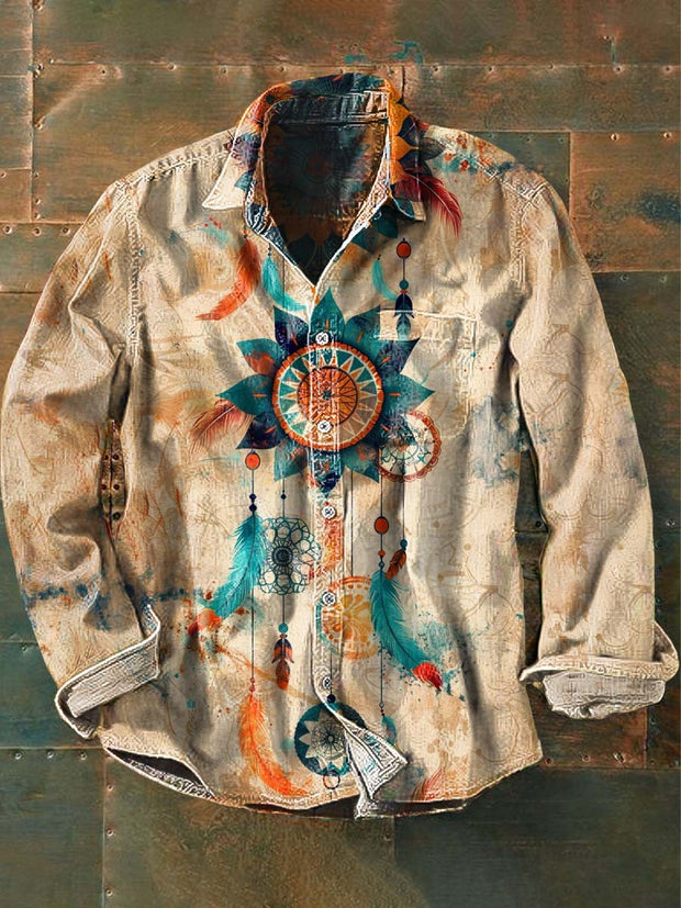 Men's Vintage Ethnic Dreamcatcher Print Casual Lapel Long Sleeve Shirt