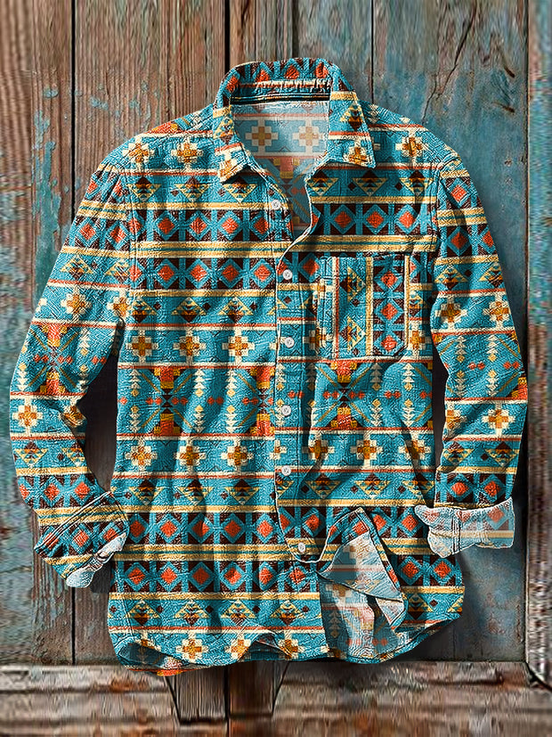Men's Vintage Colorful Geometric Stripe Pattern Cotton Linen Long Sleeve Pocket Shirt