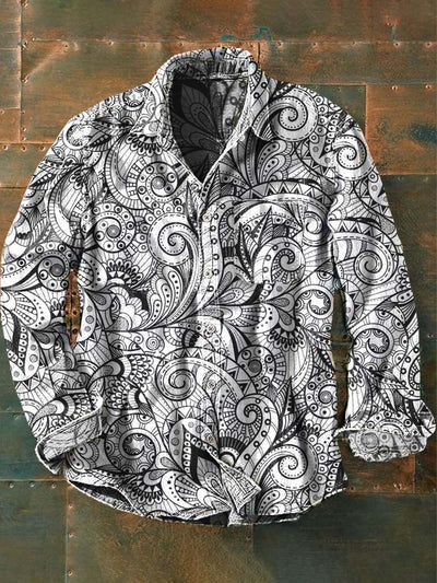 Men's Vintage Cashew Flower Print Casual Lapel Long Sleeve Shirt