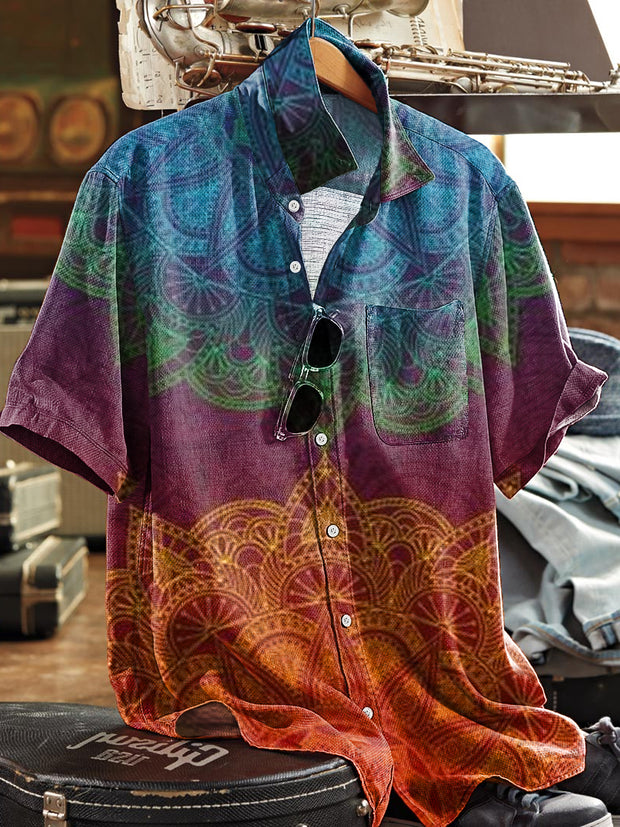 Men's Vintage Multicolor Gradient Mandala Art Print Short Sleeve Pocket Shirt