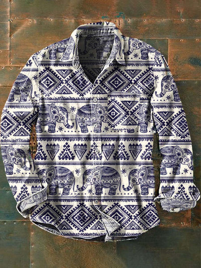 Men's Vintage Tribal Ethnic Elephant Print Casual Lapel Long Sleeve Shirt