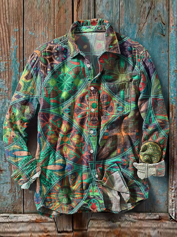 Men's Vintage Colorful Mandala Pattern Cotton Linen Long Sleeve Pocket Shirt