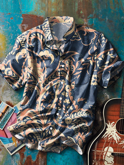 Men's Vintage Abstract Floral Pattern Stand Collar Pocket Shirt