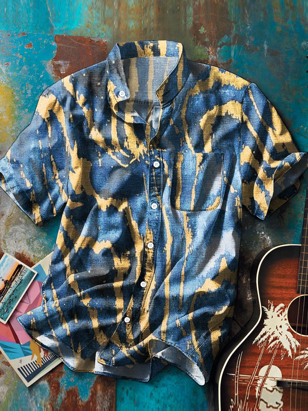 Men's Vintage Abstract Gradient Textured Pattern Stand Collar Pocket Shirt
